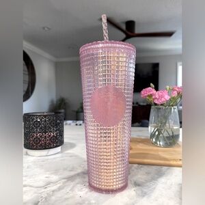 Starbucks Pink Grid iridescent Tumbler with Straw 24 oz NWT new